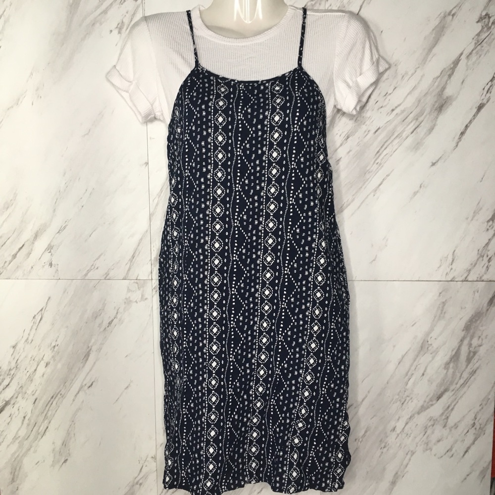 Mia Chica 2fer Navy Patterned Side Slit Dress